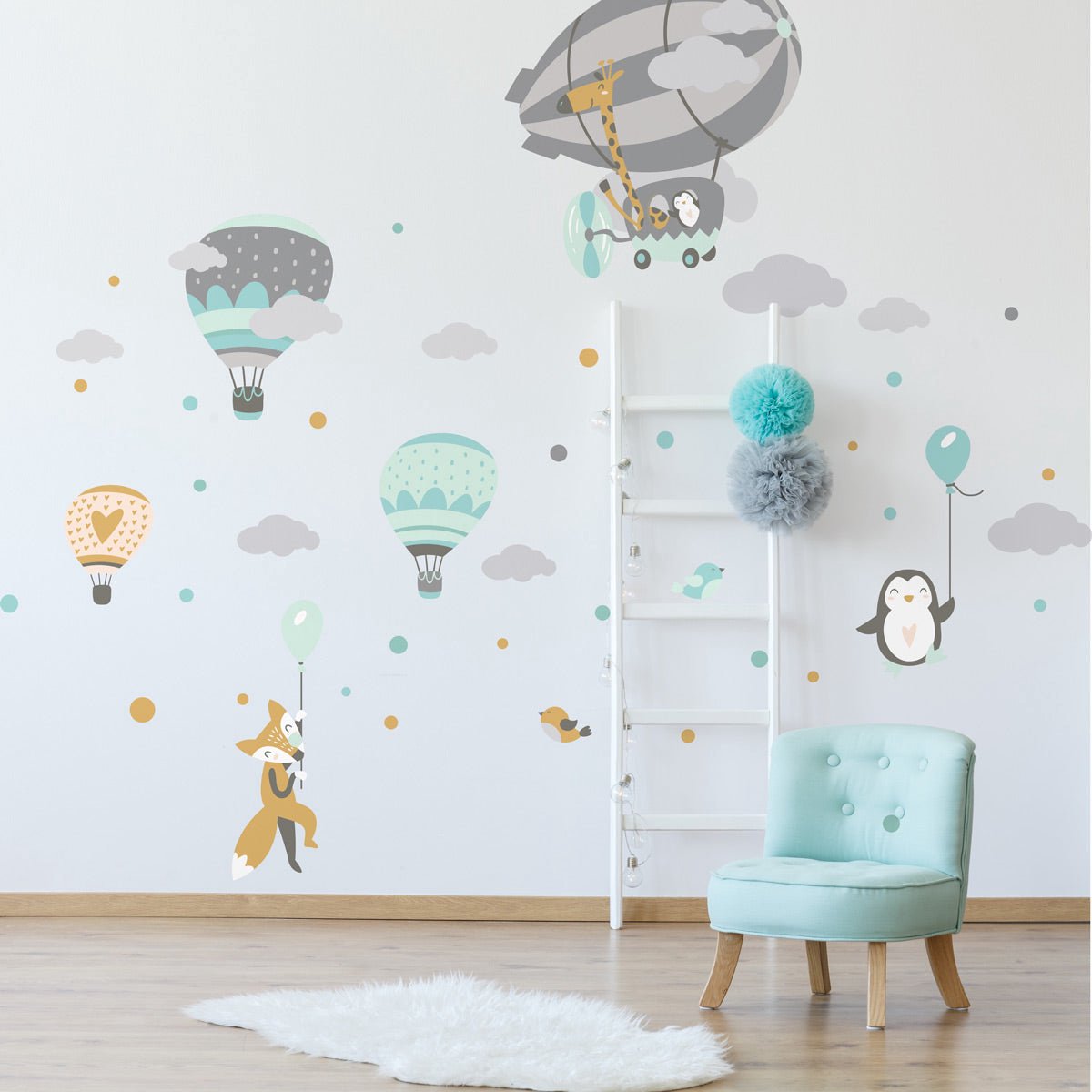 Ambiance Sticker Muurstickers - Heteluchtballonnen en acrobaten - Zelfklevende stickers - 95x70cm Multi color