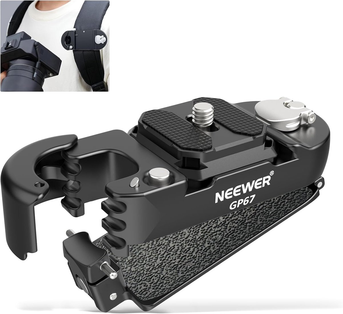 Rugzak Camera Clip Mount met vierkante QR-plaat - verbeterde veiligheidsvergrendeling - Quick Release Camera Riemclip Rugzak Strap Compatibel met Peak Design PD QR-systeem Canon Nikon Sony DSLR's