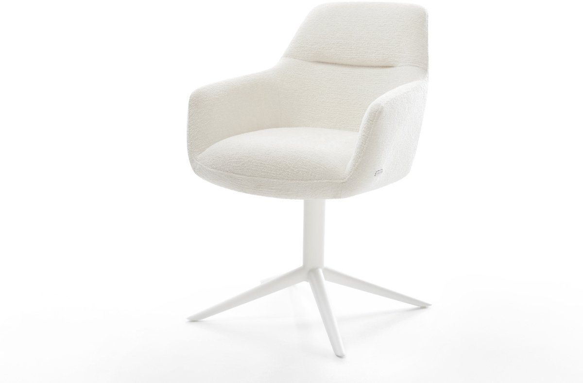 Eetkamerstoel Pejo-Flex kruispoot wit bouclé zacht beige 360° draaibaar rocker-functie pocketveer kern