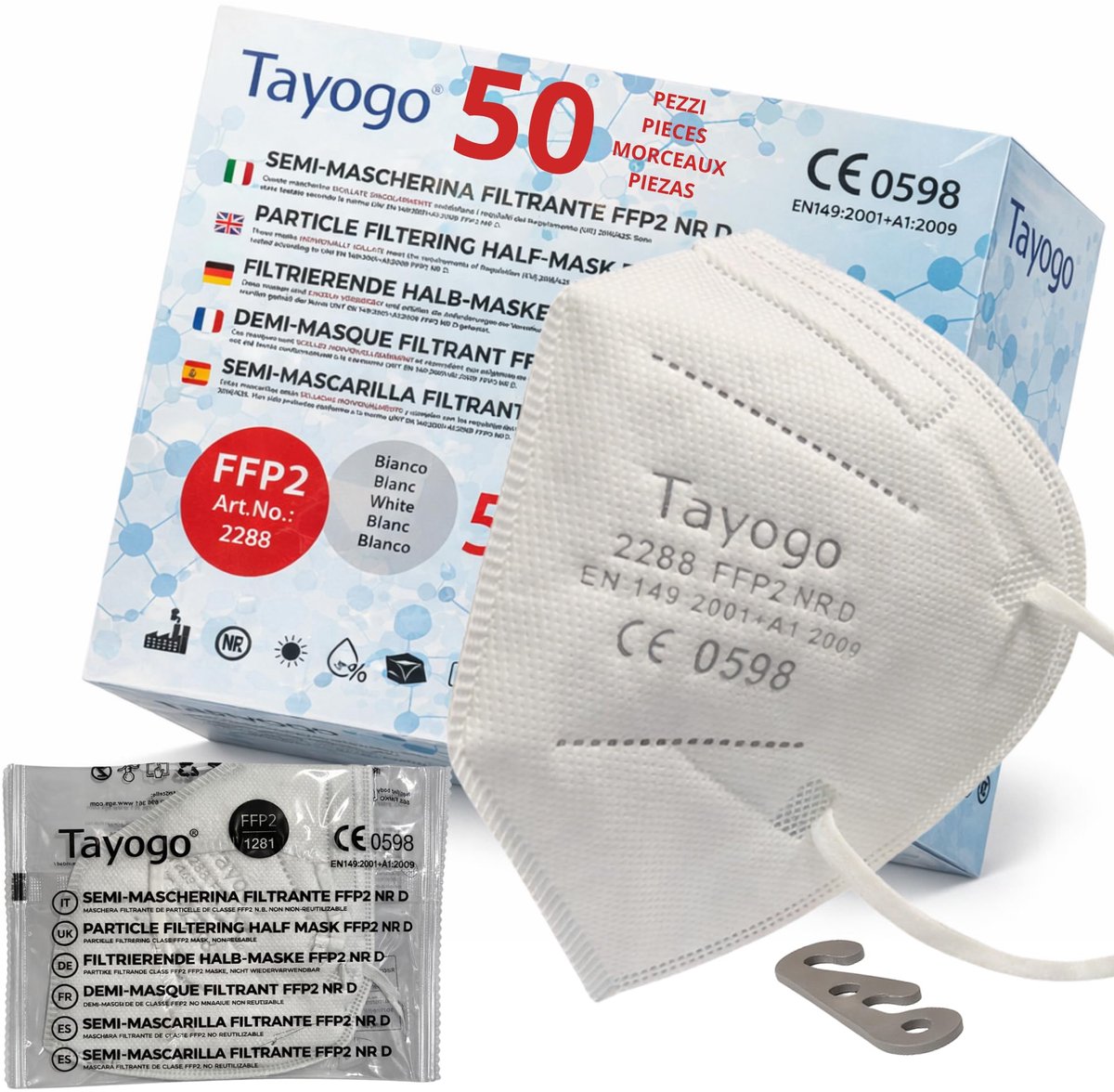 Tayogo FFP2 Masker Wit 50 Stuks - CE 0598 Gecertificeerd EN 149, 5-Laags Mondmasker Filtratie ≥99,5%, Afzonderlijk - ShopVlot