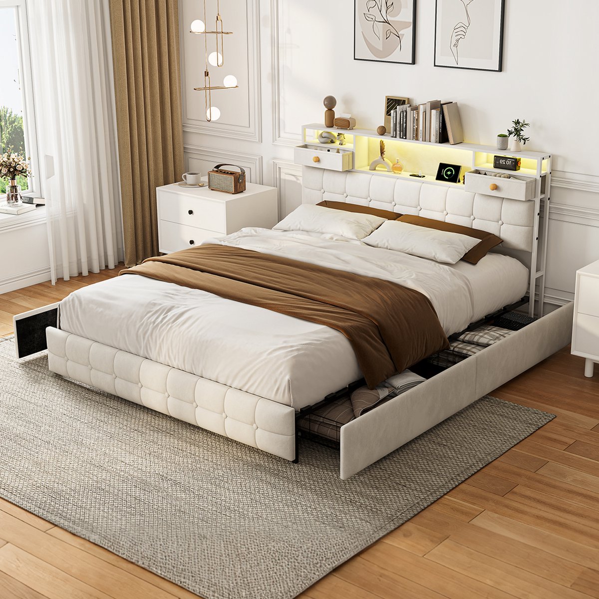 Tweepersoonsbed 160x200 cm met 4 opberglades, gestoffeerd bed met led-/USB-aansluiting, bedframe met hoofdbord en lattenbodem, fluweel Beige