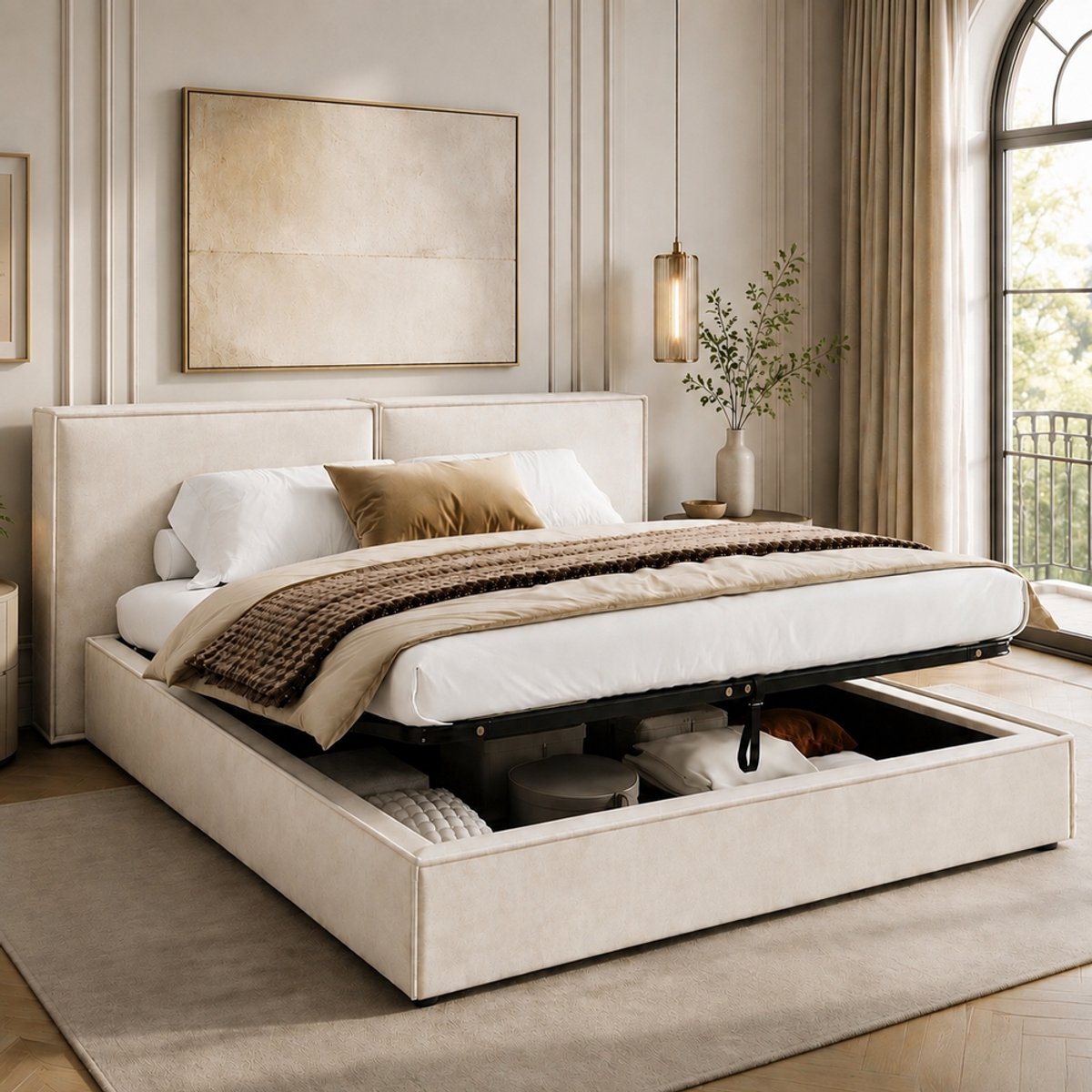 Pugsdrly Gestoffeerd bed, tweepersoonsbed, 160 x 200 cm, hydraulisch functioneel bed, bed met lattenbodem, hoofdeinde, gestoffeerd hoofdeinde, beige chenille