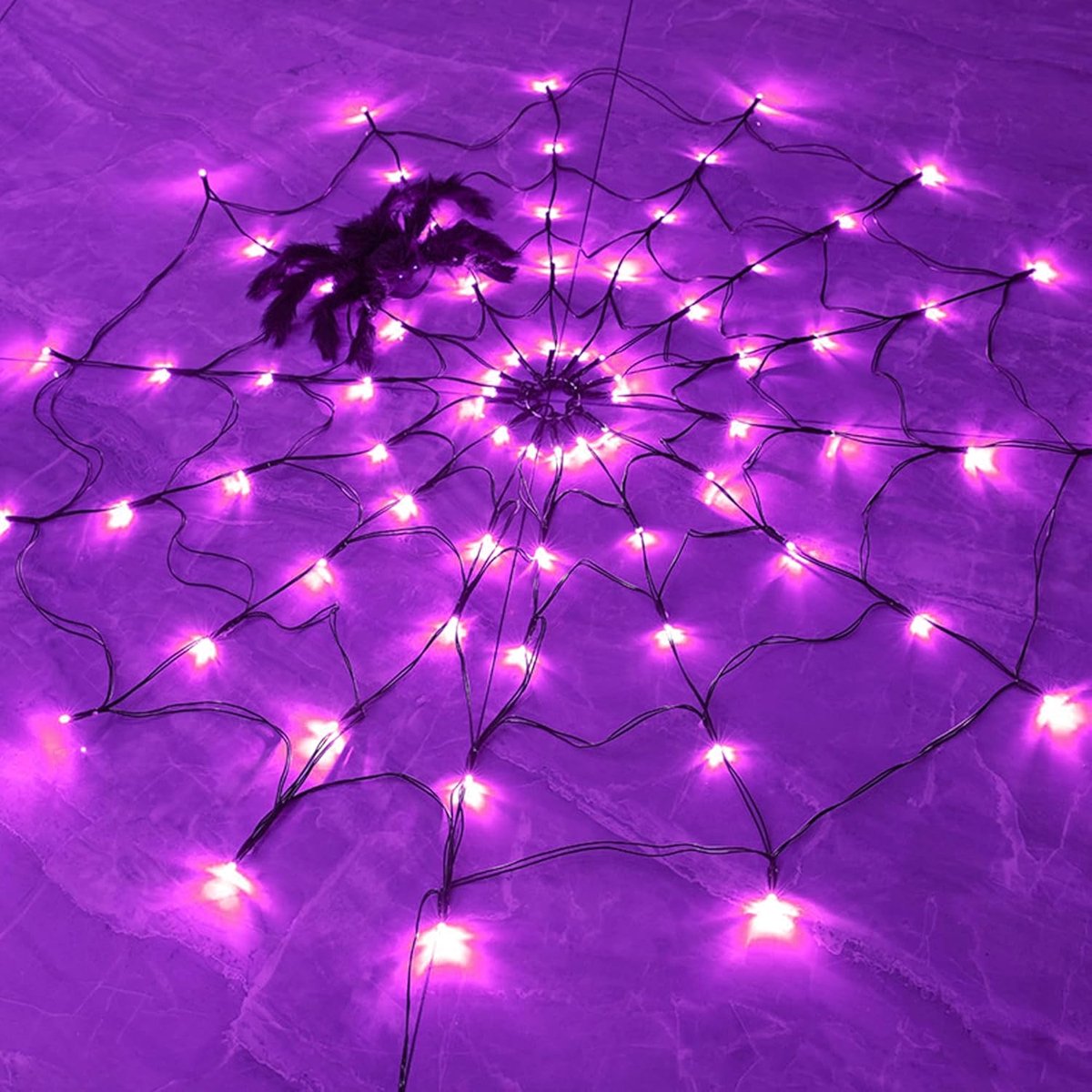 Oranje Halloween-spinnenwebverlichting (inclusief 1 spin), 70 leds, op batterijen, 8 lichtstanden, geschikt voor binnen en buiten (tuin, terras en huisdecoratie) - 1,2 m - Paars