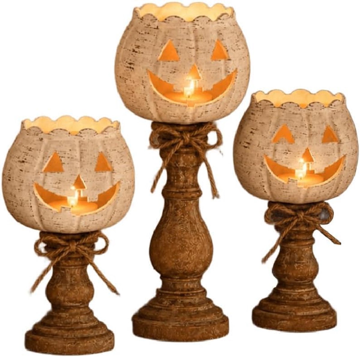 Halloween-kaarsenhouder - Set van 3 rustieke witte theelichthouders in pompoenvorm - Landelijke pompoen-theelichthouder voor herfstdecoratie