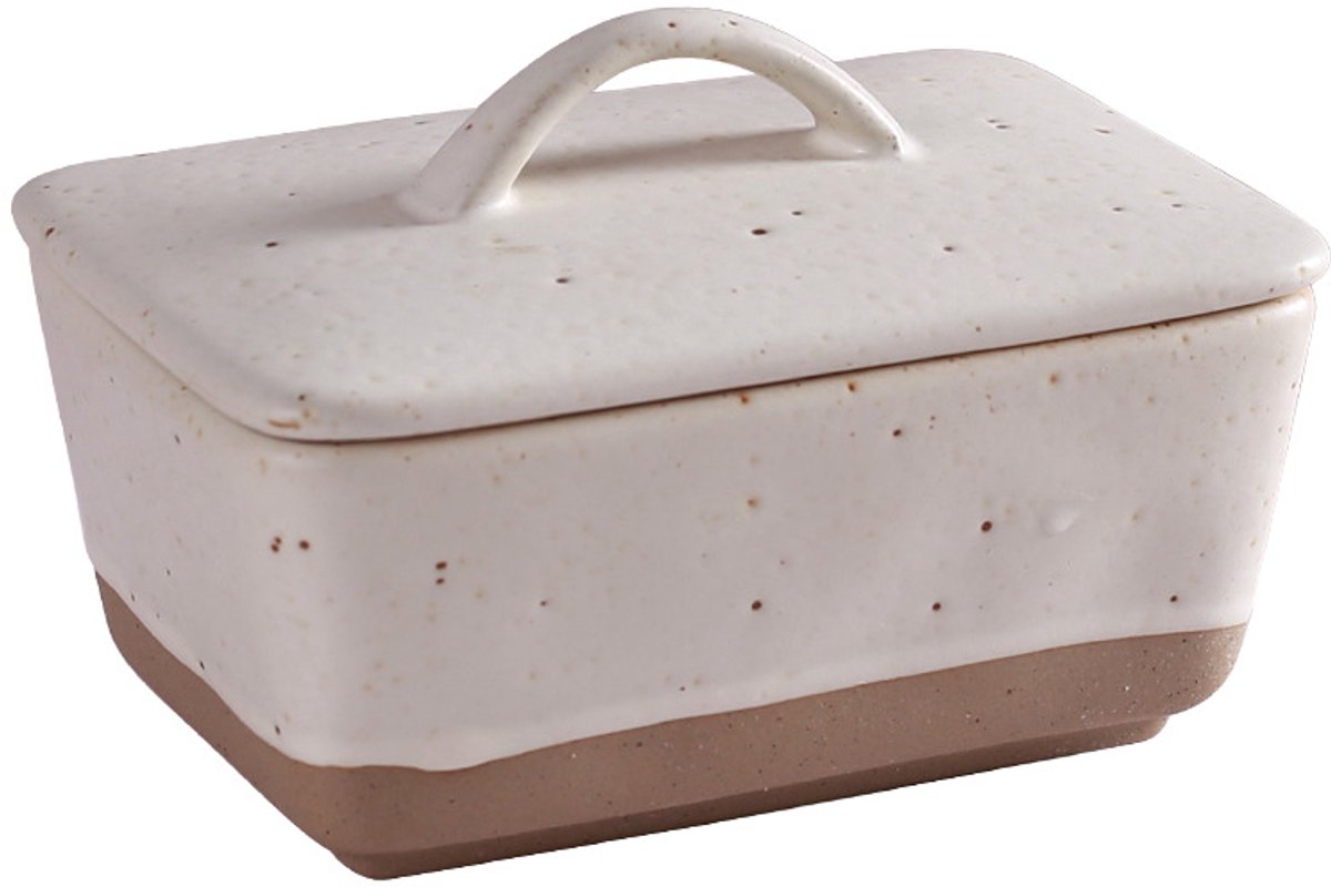 Boterpot - Keramische boterpot met deksel voor op het aanrecht - porseleinen boterhouder - vintage Europese boterhouder - vaatwasserbestendig - wit