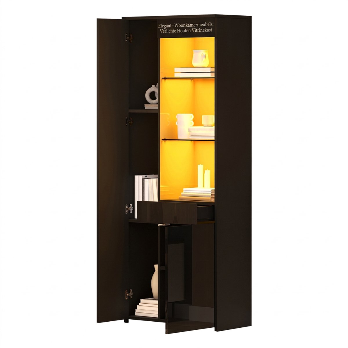 Vitrinekast-Zwart Hoogglans-70x35x180cm-Glazen Vitrinekast met LED Verlichting-Lades en Deuren-Moderne Zwarte Vitrinekast voor Woonkamer