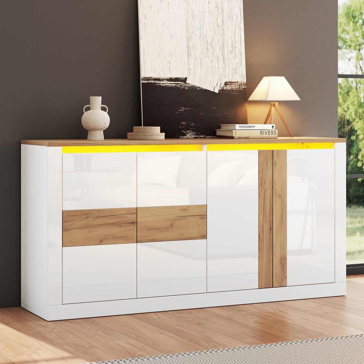 PHOEBE CAT Hoogglans Dressoir - LED-verlichting - Eikenhouten structuur - Verstelbare planken - 140 x 35 x 70 cm - Wit