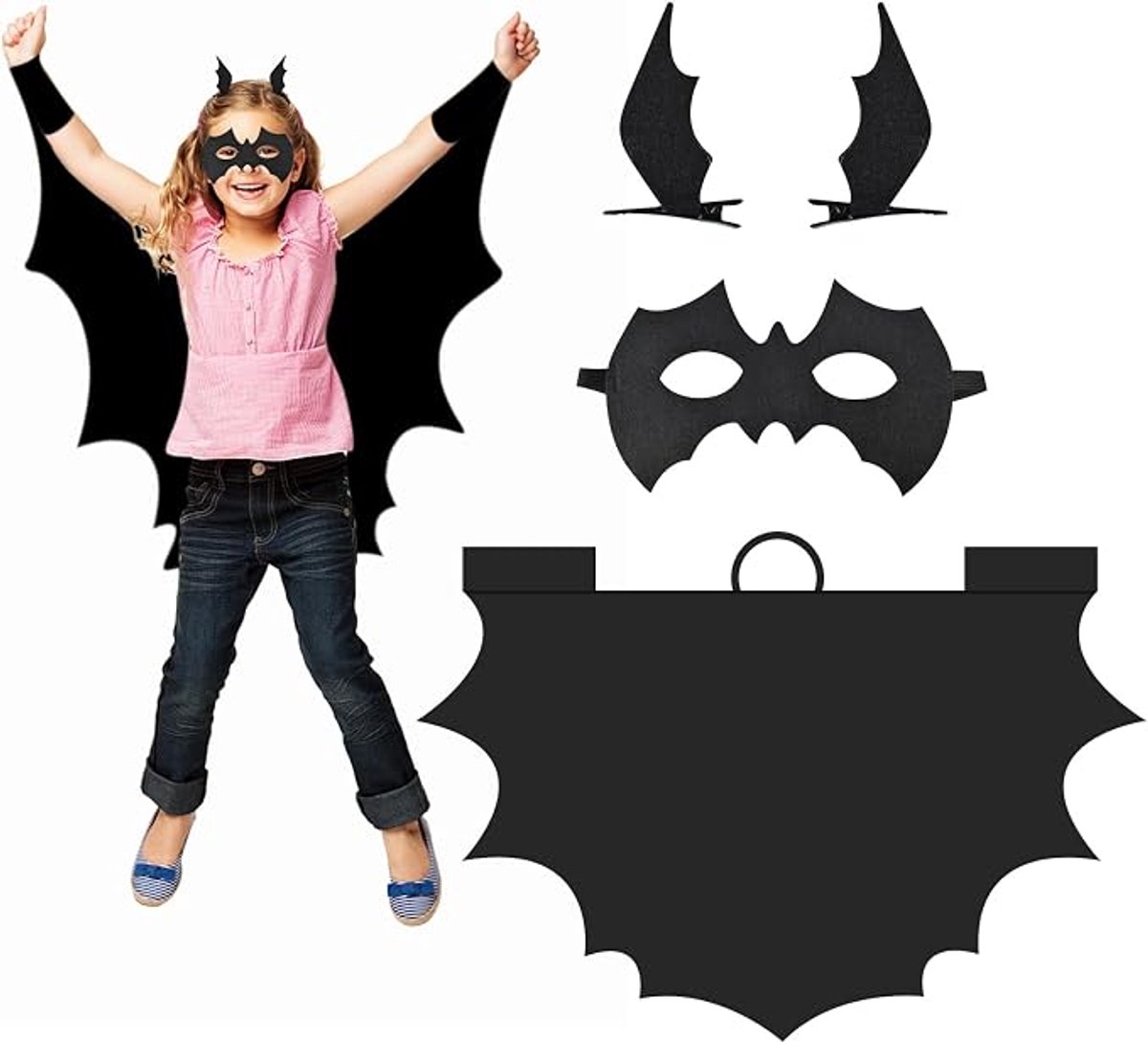 Halloween Vleermuiskostuum voor kinderen - Halloweenkostuum voor kinderen - Vleermuiscape met masker en haaraccessoire - Halloween Cosplay Vleermuiskostuum voor jongens en meisjes - Perfect voor Halloweenfeest - Maat 130