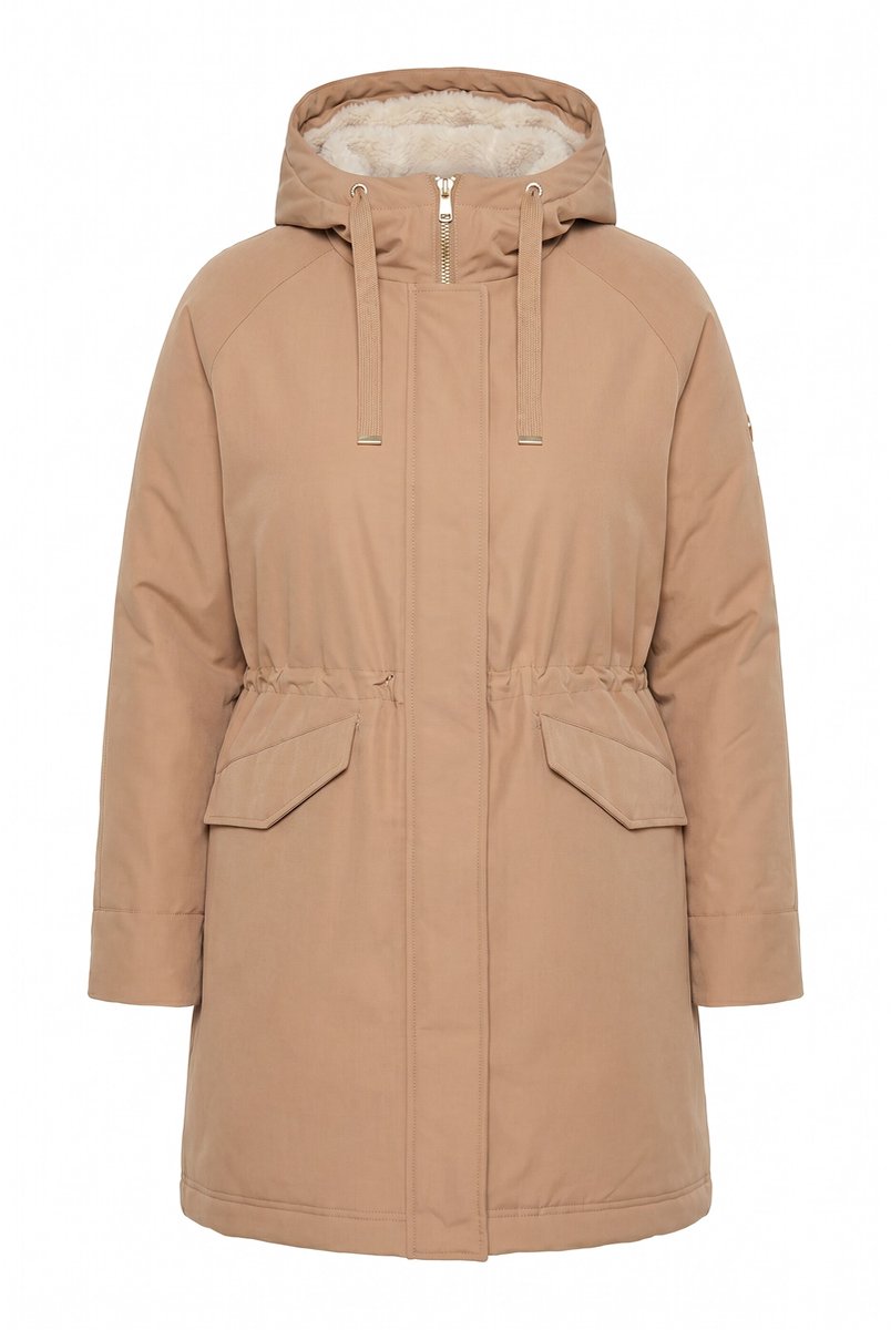 Ulla Popken - Dames - Functionele parka waterdicht opstaande kraag - Beige - Maat 54+
