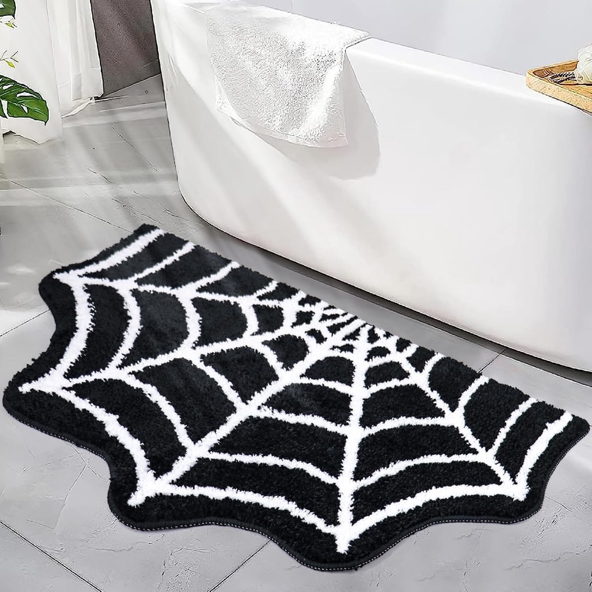 Ulisem - Halloween Badmat 31×20 Inch – Zwart Spinnenweb Badkamerkleed – Antislip Douchemat Wasbaar – voor Badkamer, Deur, Slaapkamer & Woonkamer