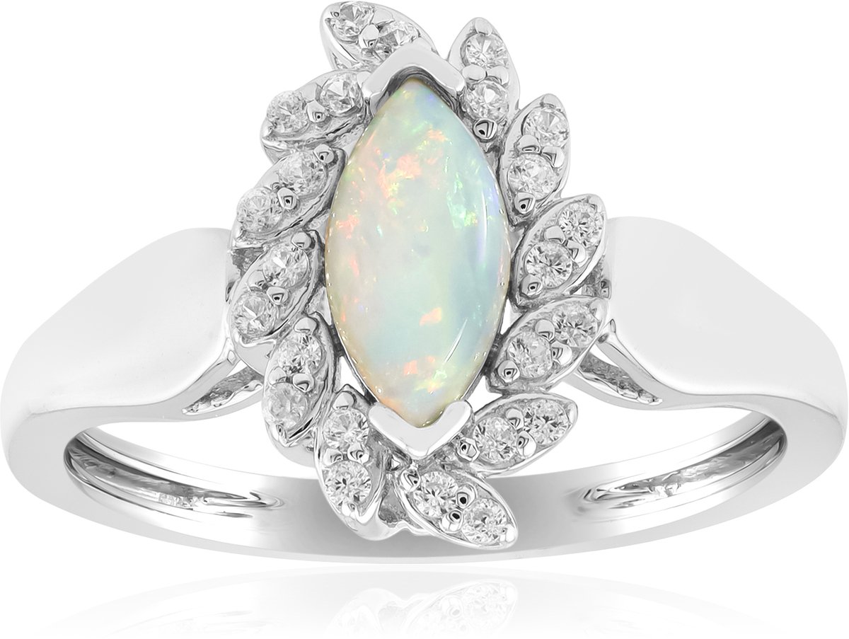 Cavill - Elegante bloemring met Australische Opaal 0,289 ct - 925 Sterling Zilver platina verguld - Marquise cabochon & 24 zirkonia