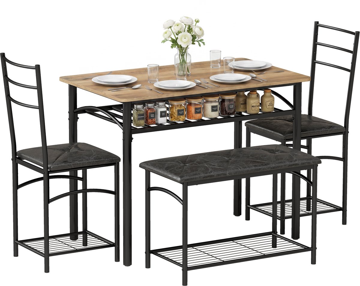ECTEATOY® 4-delige Eethoekset - Keukentafel met 2 Stoelen en Bank - Eetkamertafel Voor 4 Personen - 71 x 35 x 49 cm - Bruin