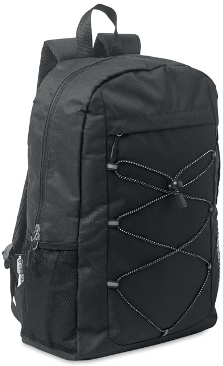 Rugzak van 600D RPET polyester met decoratief koord en ritsvak aan de voorkant. Meshzakken aan beide kanten. Zwart