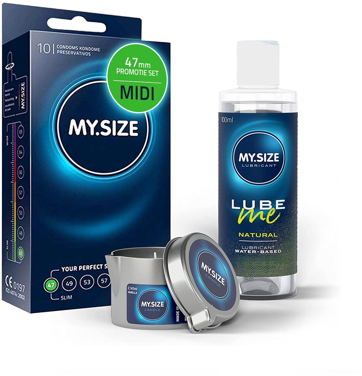 Voordeelverpakking MY.SIZE-condooms 47 mm, pak van 10 + MY.SIZE natuurlijk glijmiddel 100 ml + MY.SIZE-massagekaars