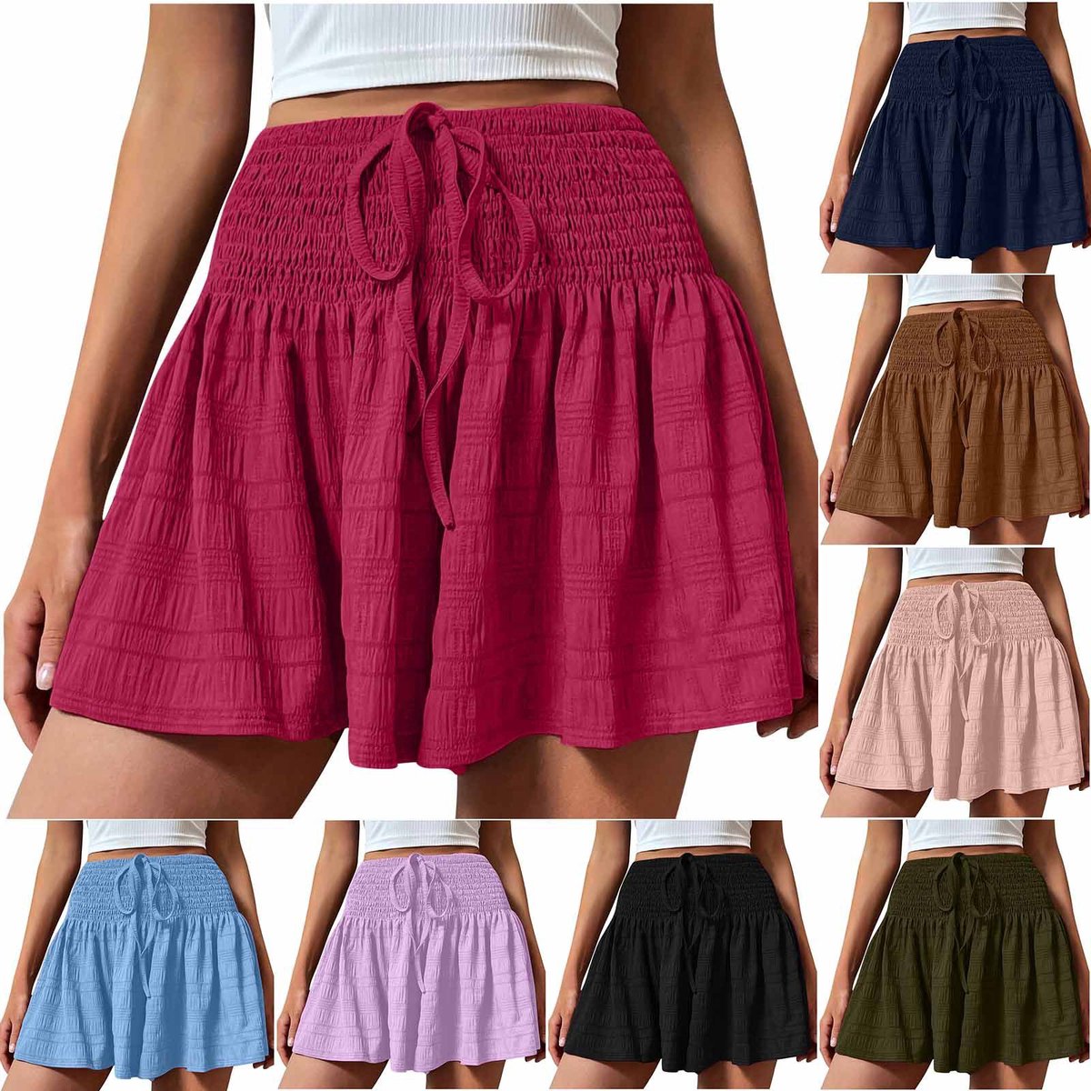 casalora®—Dames Shorts Losse Shorts Hoge Taille Shorts Trekkoord Shorts Zomer Shorts Casual Shorts Strand Shorts Linnen Look Shorts - Elastische Taille - Luchtige Vakantie Beachwear voor Dames—rood（XL）