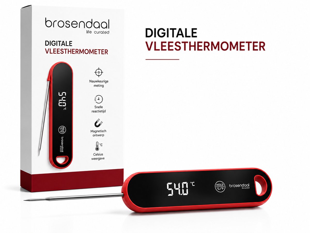 Brosendaal Vleesthermometer - BBQ Thermometer - Kernthermometer - Keukenthermometer - Meting in 3 sec en Extreem nauwkeurig - Rood