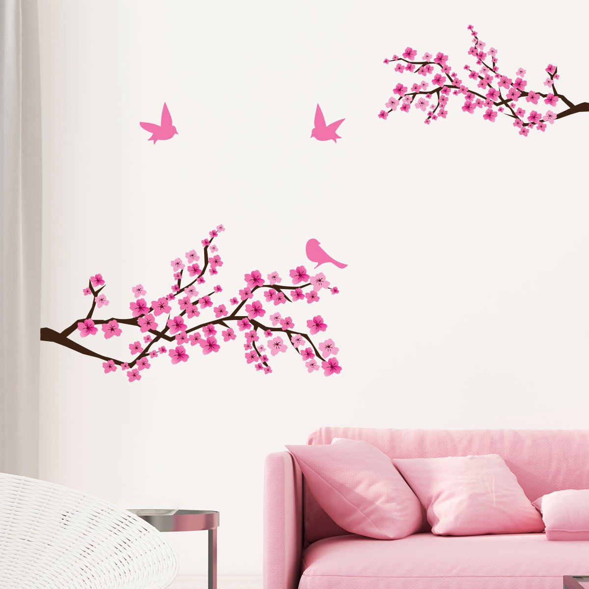 Ambiance Sticker Muurstickers - 2 Japanse kersenbloesemtakken en 3 vogels - Transparante achtergrond - 70x95cm Multi color