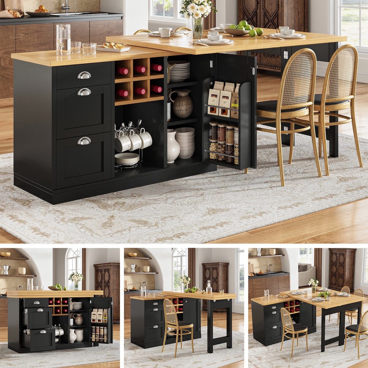 Clruro Bartafel - 120-197 × 40 × 74 cm - 360° Draaibaar met Wijnrek - MDF - Zwart