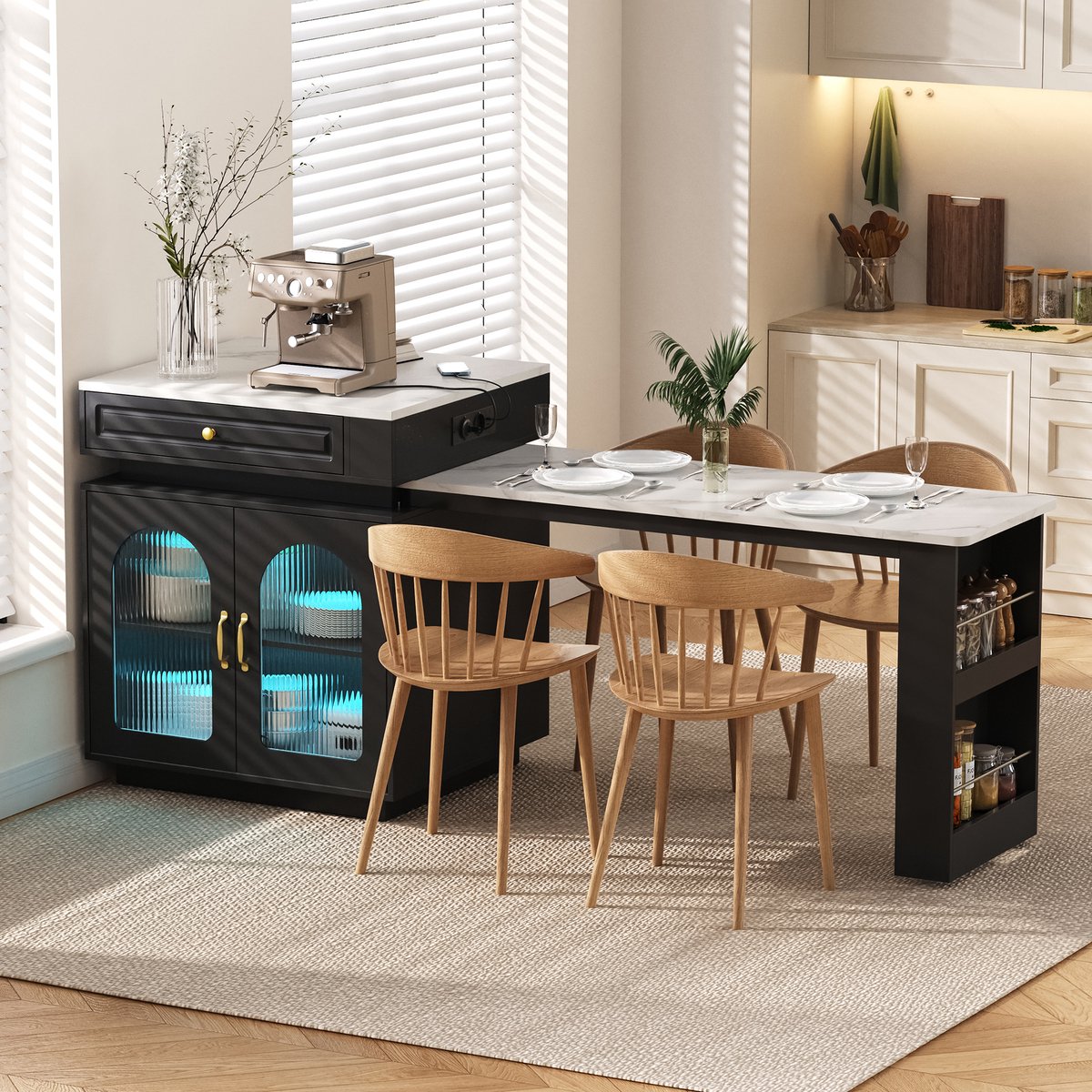 Clruro Eettafel - 128-200 × 71 × 92 cm - Uitschuifbaar met LED en USB - MDF/Glas - Zwart