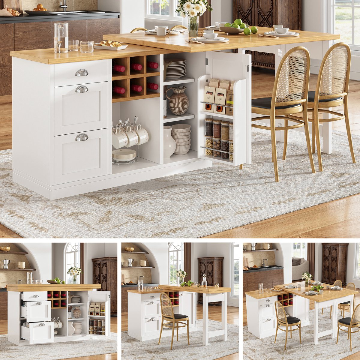 Clruro Bartafel - 120-197 × 40 × 74 cm - 360° Draaibaar met Wijnrek - MDF - Wit