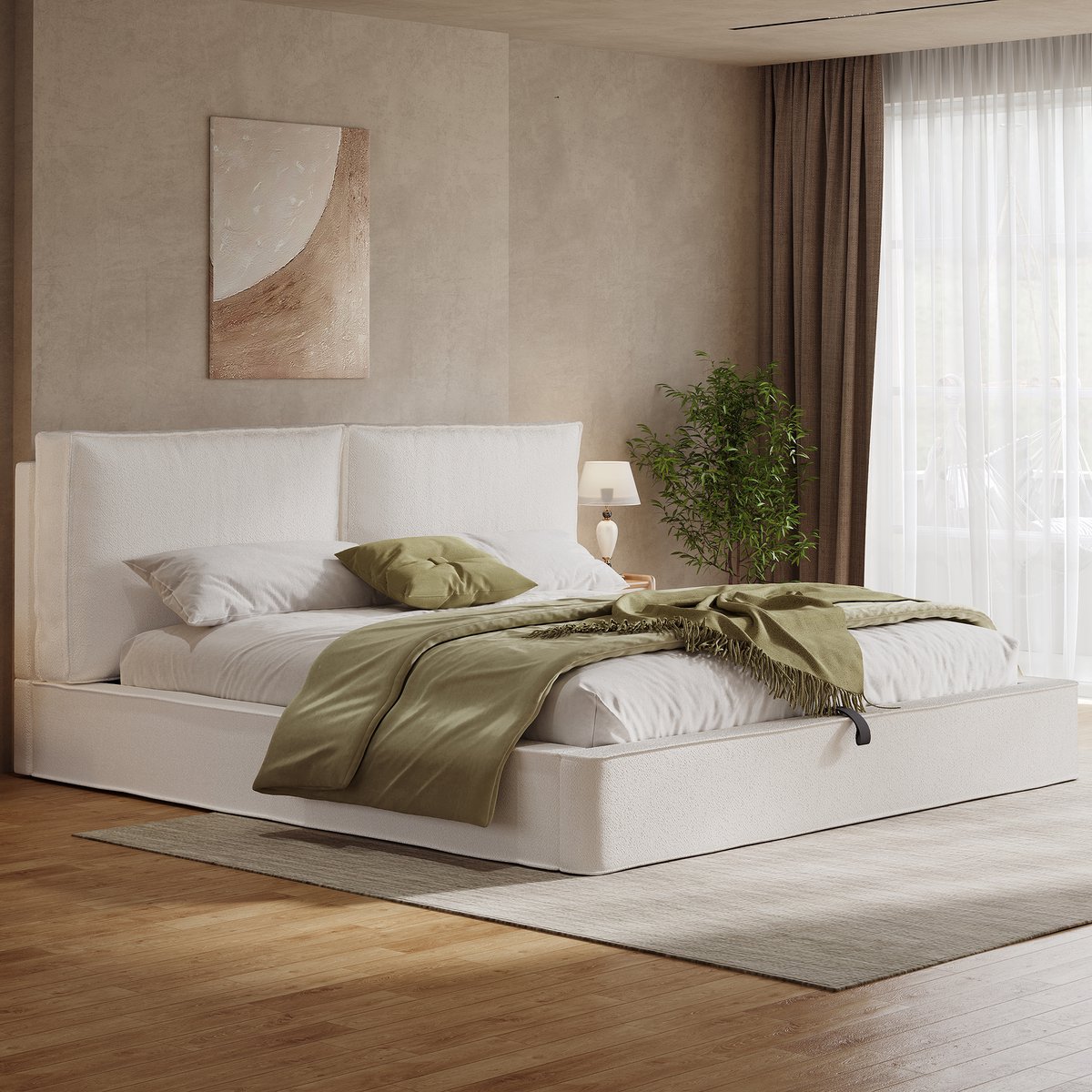 VVBV Tweepersoonsbed 180x200 cm - Hydraulische Opbergruimte, Gestoffeerd Hoofdbord, Met Lattenbodem - Beige, Bouclé
