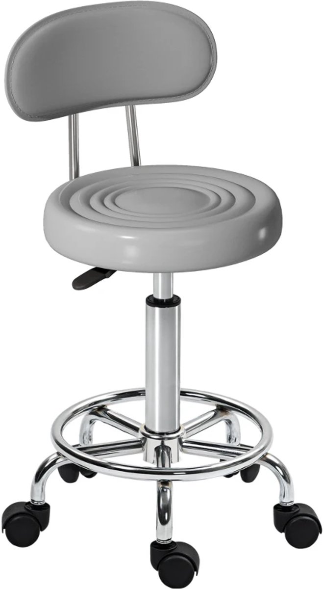 Zadelkruk op Wielen - Zadelstoel met Rugleuning & Voetensteun - Kapperskruk - Tabouret - In Hoogte Verstelbaar - 360° Draaibaar - Kruk Stoel - Draaikruk - Werkkruk - voor Kaptafels, Kantoor, Salon, Massage, Spa - Grijs