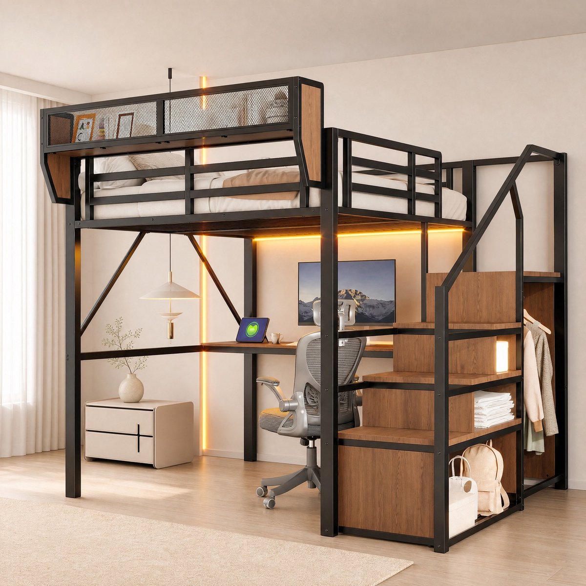 DESMIU Hoogslaper 140 x 200 cm - LED Verlichting, Bureau En Opbergruimte - Veilige Trap - Voor Volwassenen En Kinderen - Metaal En MDF - Zwart Zonder Matras