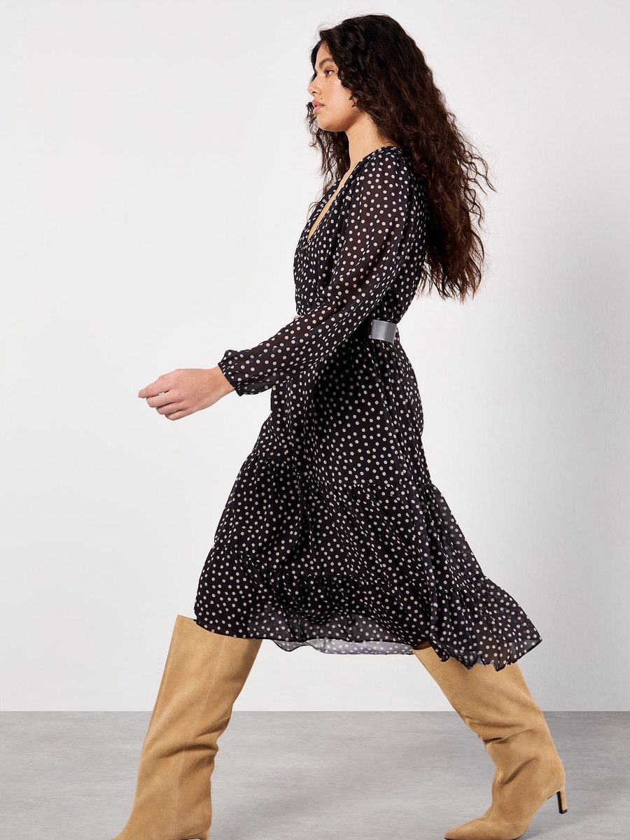 Polka Dot Chiffon Wrap Midi Dress