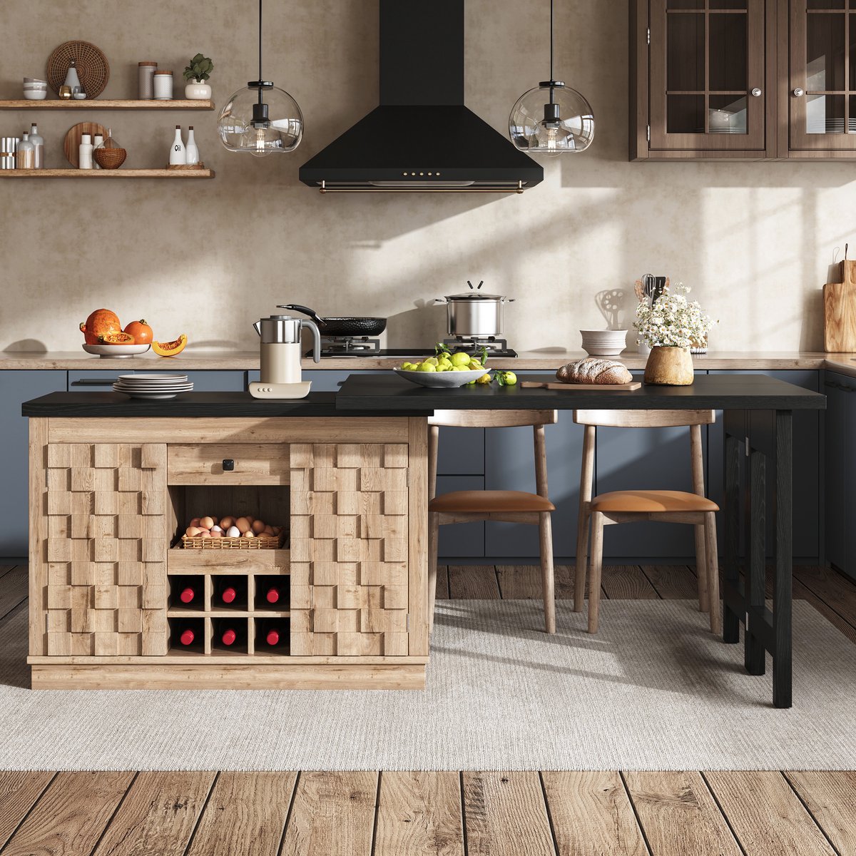 MIVRAY Keukenkast - 360 Graden Draaibare Keukeninsel Met Uittrekbare Eettafel En Wijnrek - MDF Houtlook - 120 Tot 197 Cm