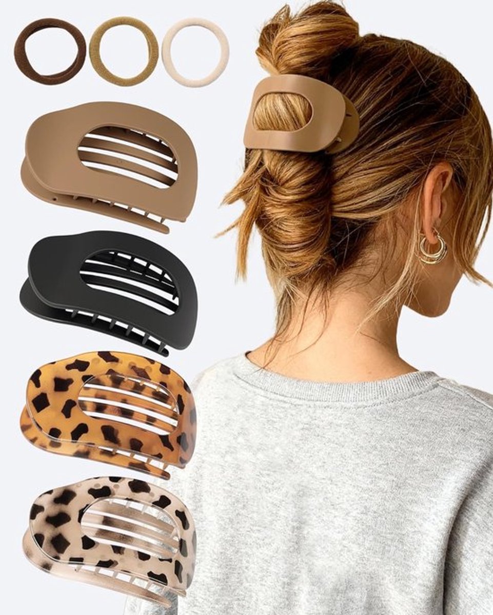 Set van 4 Haarspelden voor Vrouwen - Matte Afwerking - Antislip Grote Haarclips met Sterke Grip - Franse Haaraccessoires voor Dikker en Dunner Haar - Inclusief 3 Haarstrikken