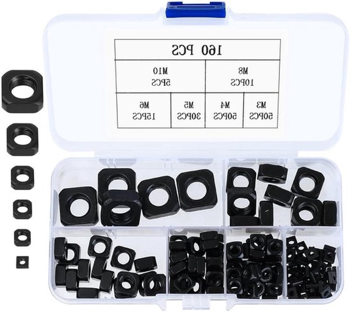 160 Stuks Vierkante RVS Moeren - M3, M4, M5, M6, M8, M10 Metalen Schroefmoeren, Draadmoeren en Insteekmoeren voor Diverse Toepassingen