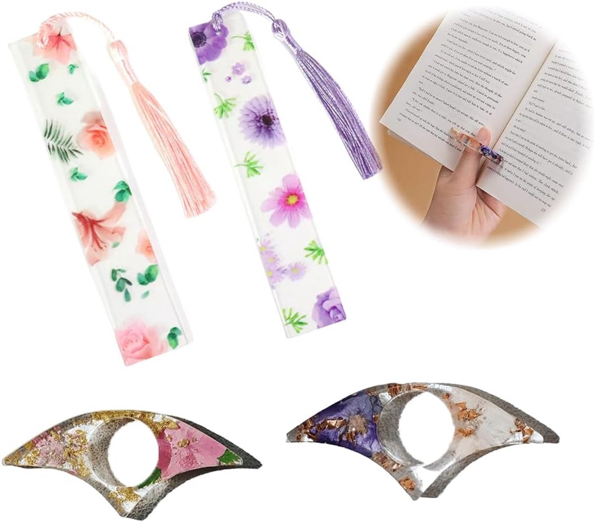 4 stuks gedroogde bloemen hars bladwijzers handgemaakte transparante bloem boek bladwijzer met schattige pompon boekaccessoires cadeau voor leesliefhebbers