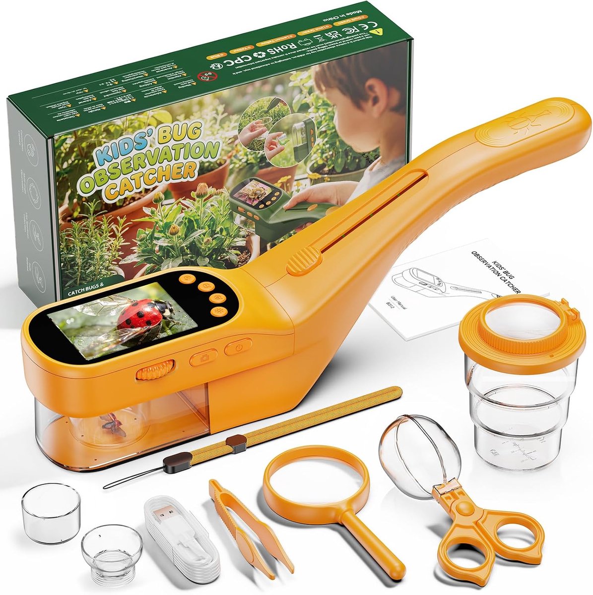 Bobypet - Digitale Insectenvanger met 2.4 Inch Kleurenscherm voor Kinderen - Zoom Digitaal Microscoop Buitenspeelgoed met LED Verlichting, Fotofunctie & Accessoires - Educatief Natuur Ontdekkingsset Cadeau Jongens & Meisjes 3-12 Jaar - Oranje kleur