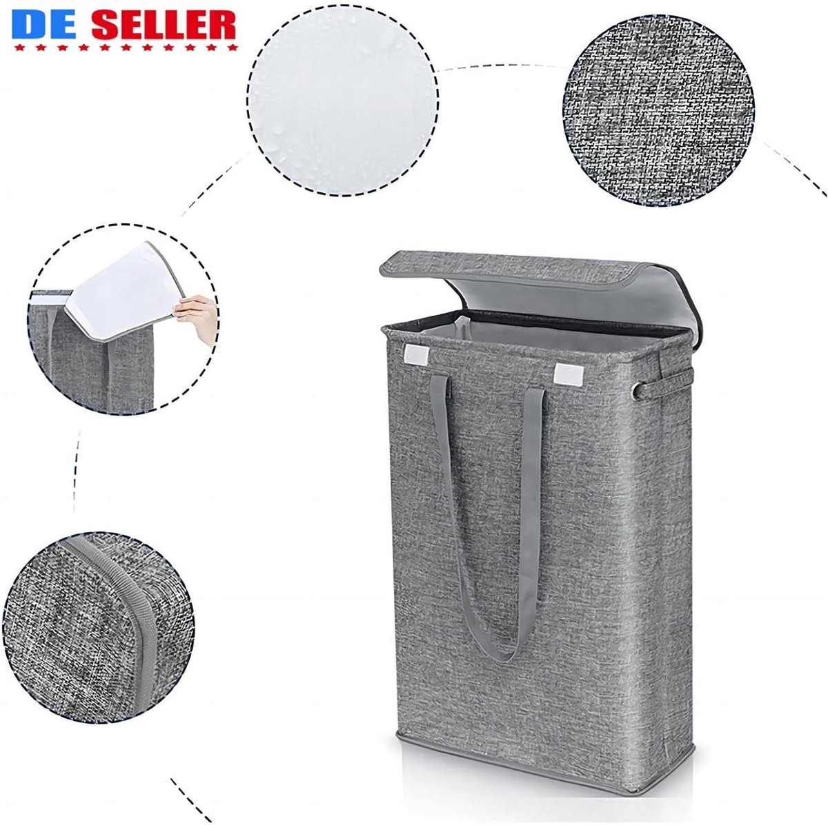 COVREO Wasmand 40 x 27 x 21 cm, donkergrijs, met deksel en handvatten