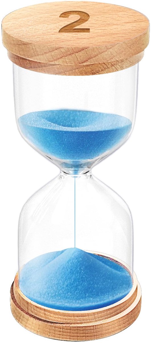 Sandloper 2 Minuten, Houten zandloper met blauwe zand voor decoratie en tijdsmeting