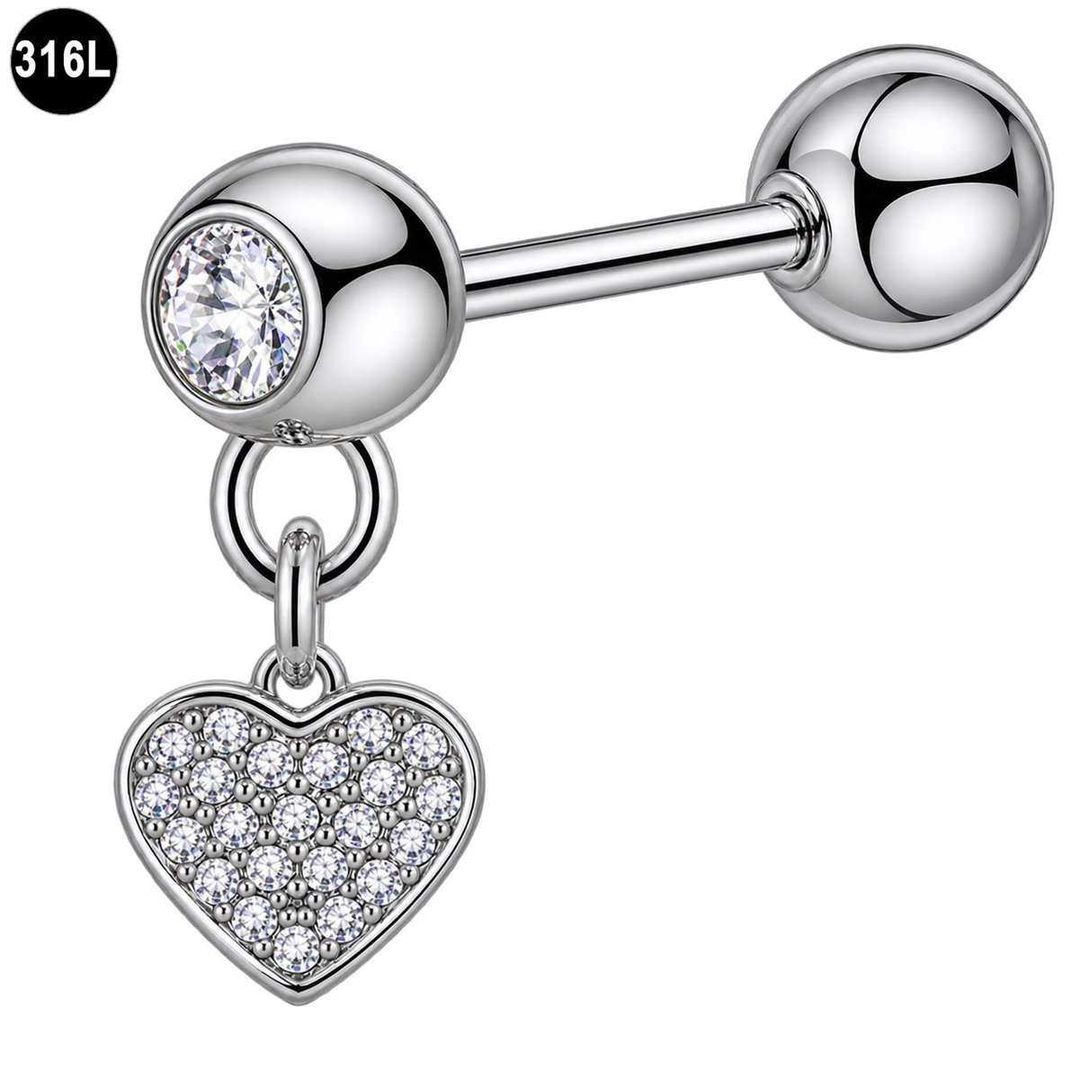 Helix Piercing Zilverkleurig met Hart Hanger en Kristallen – 316L Chirurgisch Staal – 1.2 x 6 mm – Tragus Kraakbeenpiercing