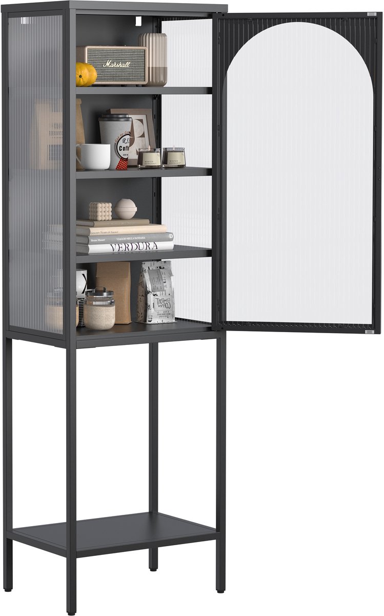 ECTEATOY® Metalen Vitrinekast - Boekenkast - Opbergkast met Glazen Deuren en 5 Niveaus - Verstelbare Legplanken - 160x50x35 cm - Zwart