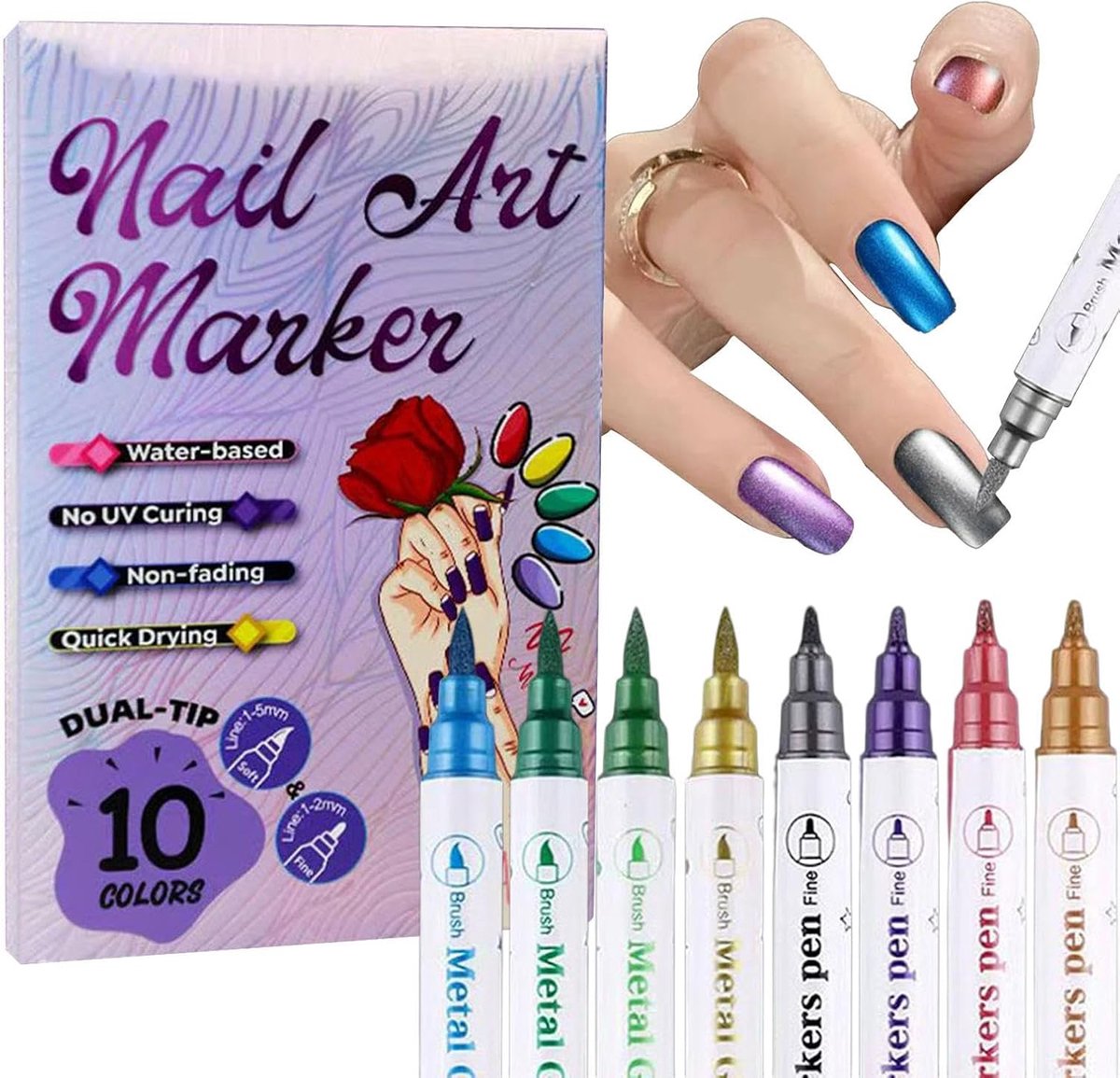 Dubbelzijdig Sneldrogend Marker Set - Nail Art Pennen Set - 10 Colors
