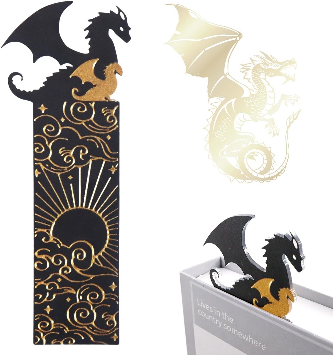 Solidchoice - Zwarte Gouden Draken Bladwijzer met Dubbelzijdig Patroon