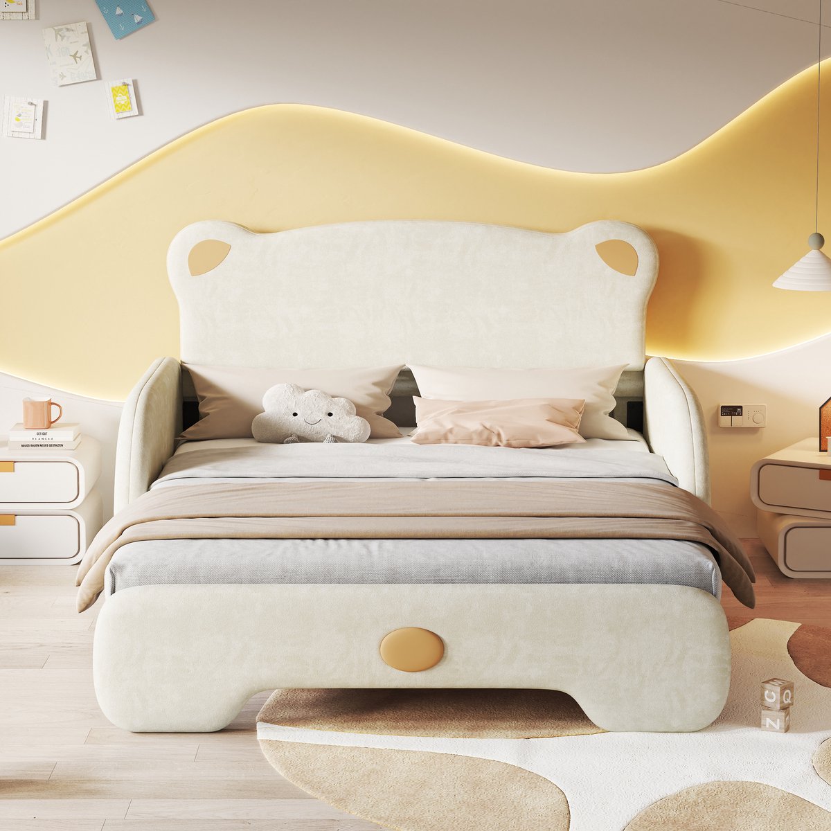 Slaapbank 140x105cm & 140x200cm - kinderkopbord met teddybeer - uitschuifbaar bed - met zachte beschermrand - beige - zonder matras