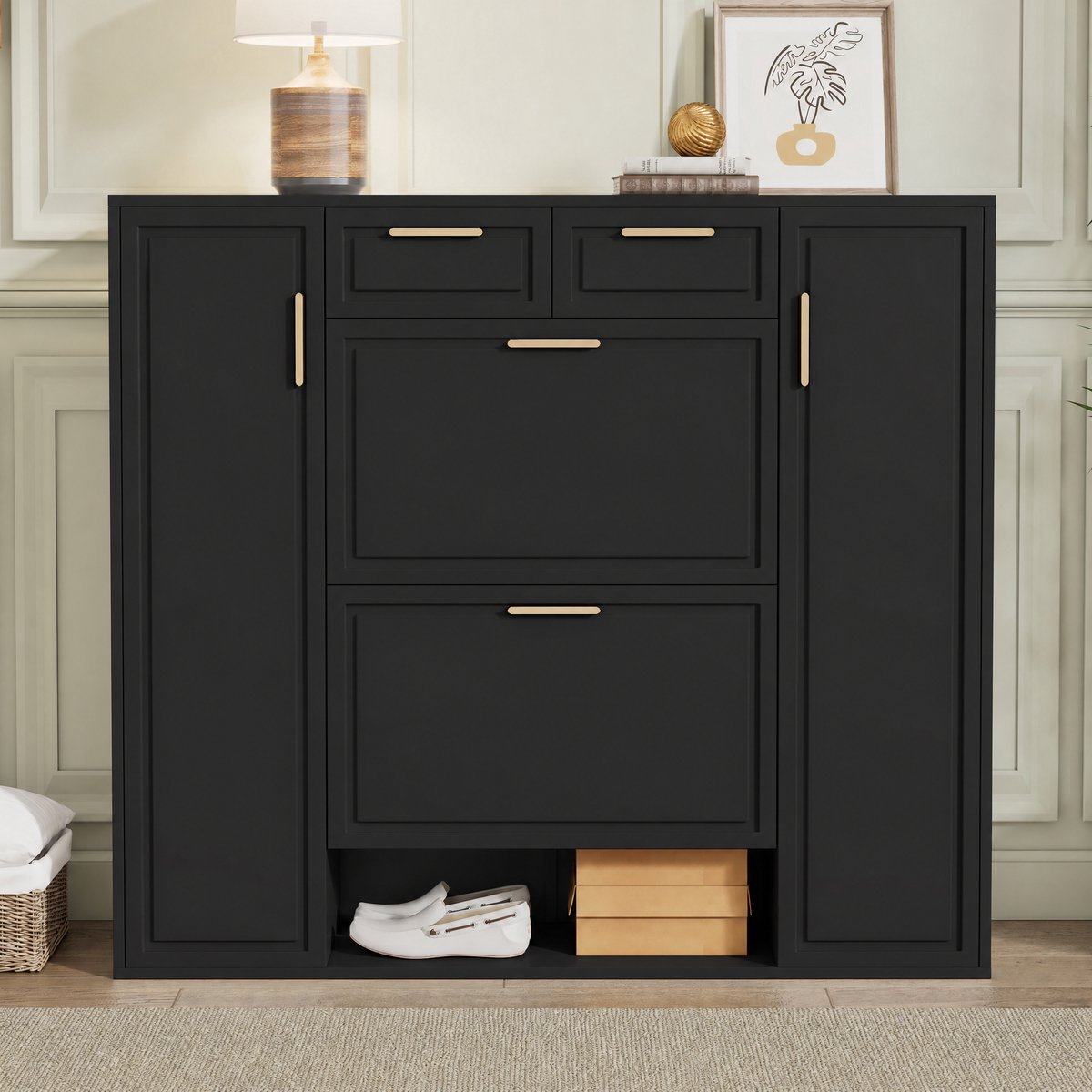 VVBV Schoenenkast 120x24x107 cm - Opbergruimte, 2 Lades, Met Planken, 2 Deuren - Zwart, Spaanplaat