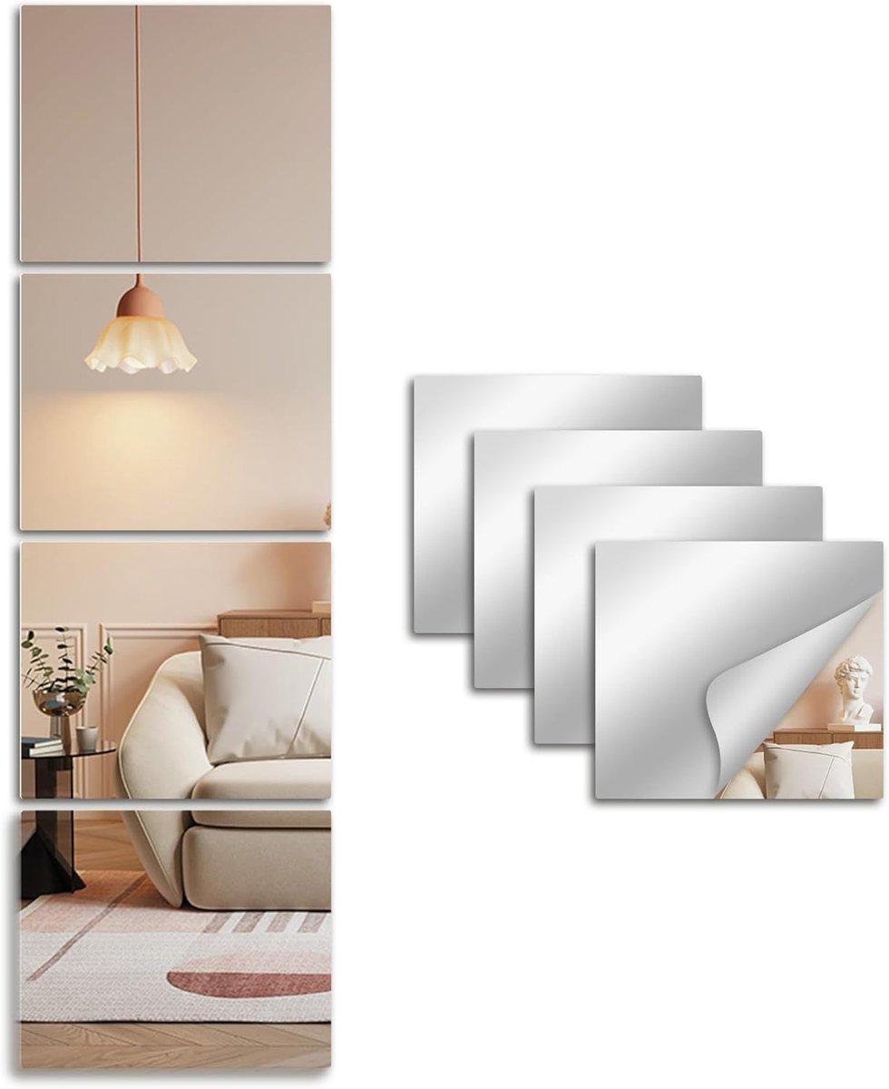 Spiegeltegels 4 Stuks - 29x35cm Tempered Glas - Zelfklevend - Veilig voor Kinderen en Huisdieren - SnelShoppen