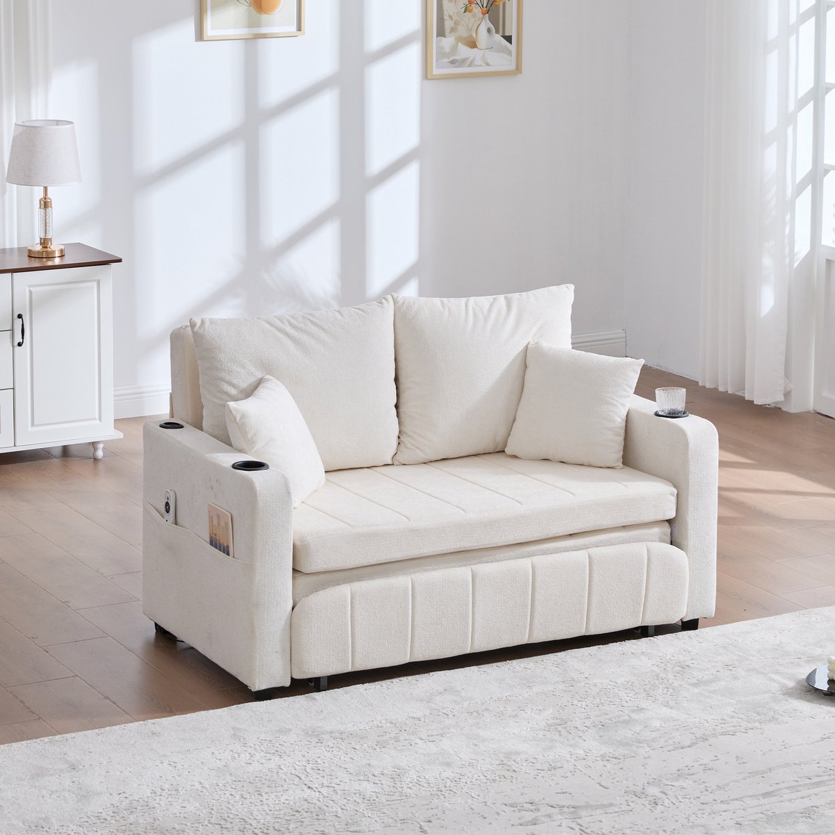 MEUNIQ slaapbank 2-zits 139 x 83 x 58 cm uitklapbaar met opbergtas, bekerhouders, USB-functie en 4 kussens, chenille, beige