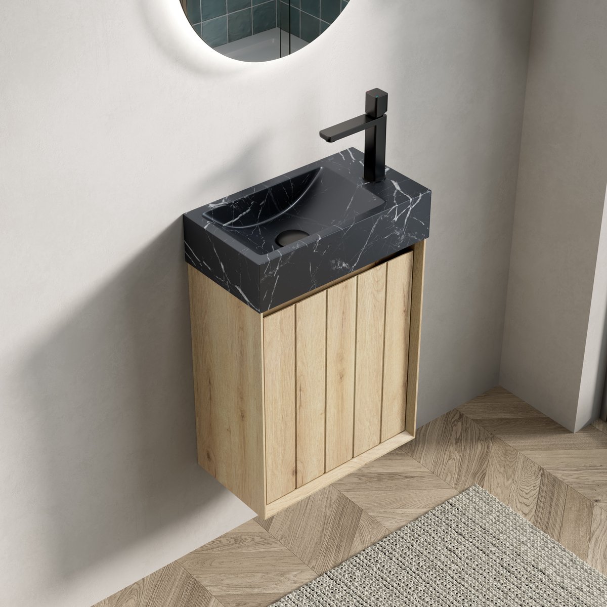 Badkamermeubel - Wandhangend Met Ingebouwde Wastafel Van Marmer - Voor Kleine Badkamer En Hoek - Multiplex - 40 Cm - Zwart En Witte Eik