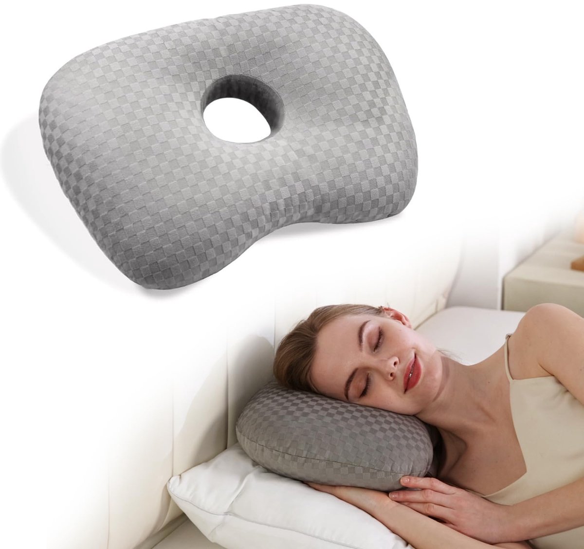 Oorpiercingkussen - Orthopedisch oorkussen met piercing - Zijslaapkussen - Oorbeschermingskussen - Oorsteunkussen - 44*32*10 cm - Geschikt voor het verlichten van oorpijn, slapen, rusten, enz. - Grijs