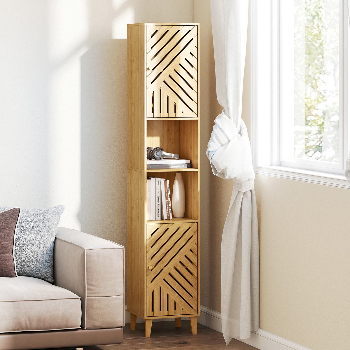 ECTEATOY® Kolomkast - Badkamerkast met 2 Deurtjes en 2 Open Vakken - Verstelbare Planken - 32x30x170 cm