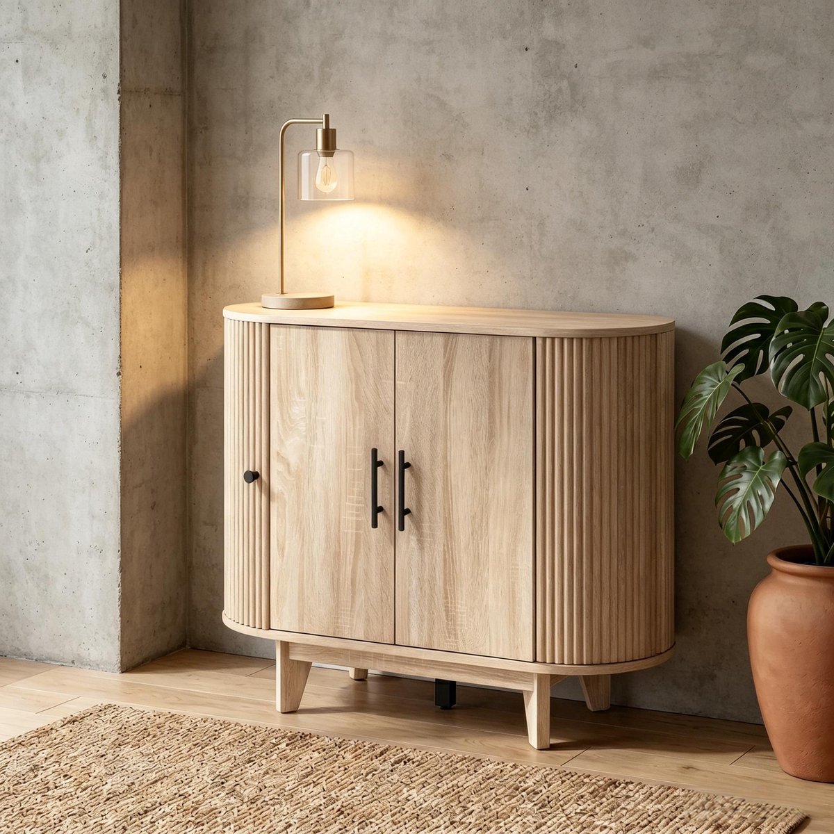Buffetkast - Ovale Opbergkast Met Verstelbare Plank En 4 Deuren - Voor Woonkamer, Eetkamer En Hal - MDF En Staal - 90x40x76 Cm - Naturel