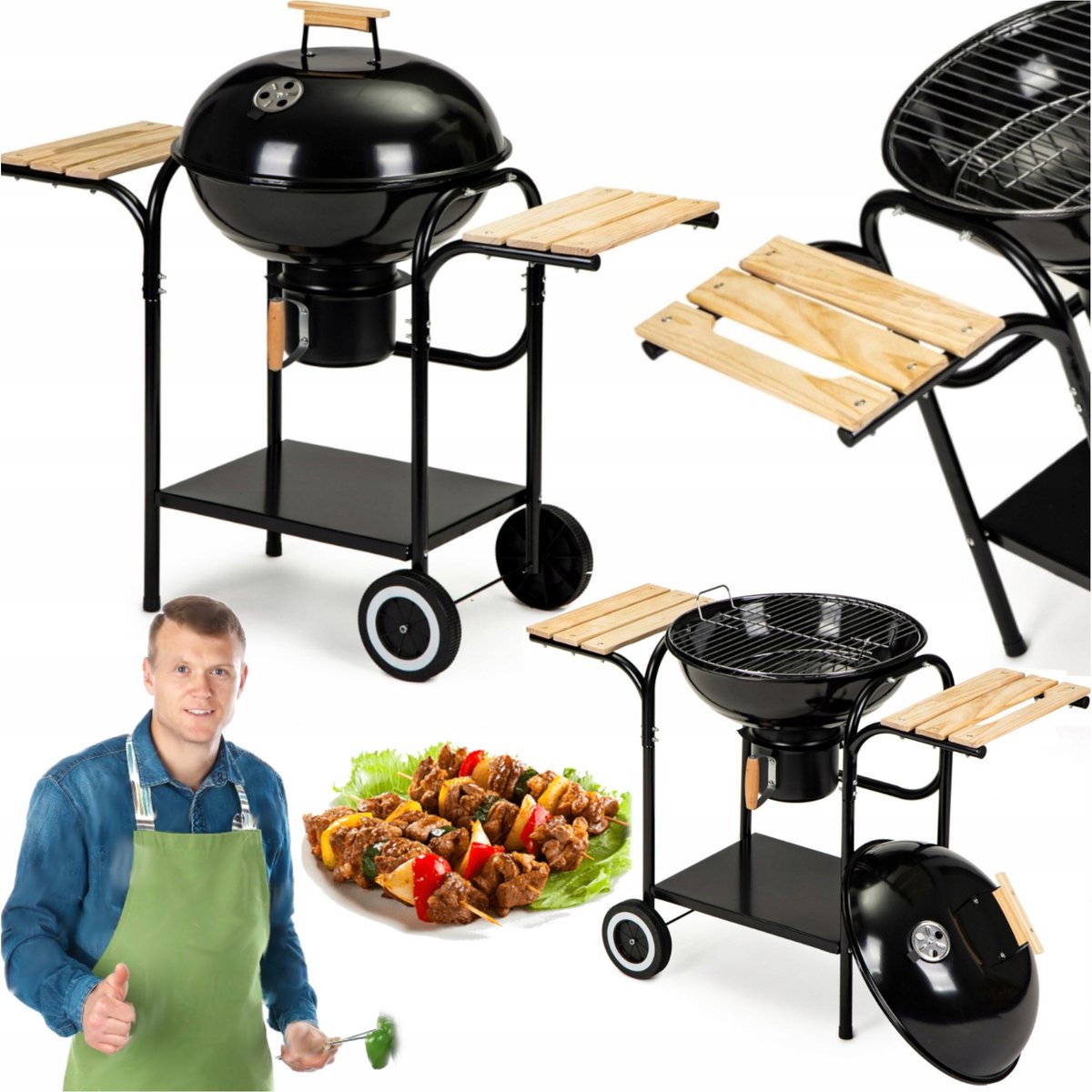 Kogelgrill XL met Deksel en Houten Tafels - Mobiel & Duurzaam
