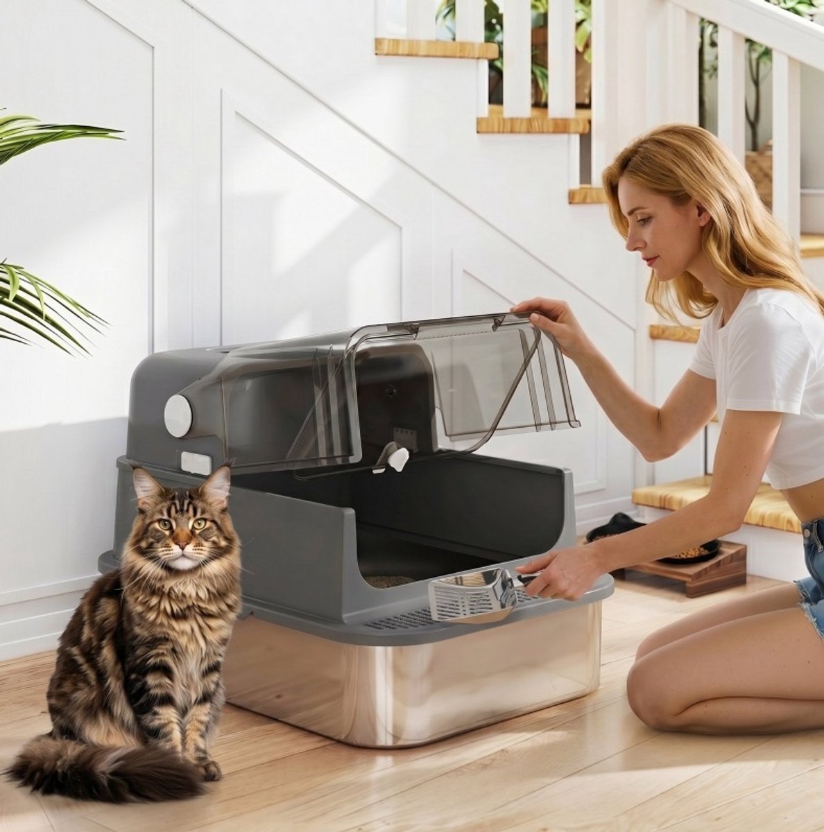 OKWISH Kattenbak – XXL Voor Grote Katten En Meerdere Katten – 70 x 50 x 46,5 cm – Roestvrij Staal – Zwart – Met Deksel En Dubbele Toegang