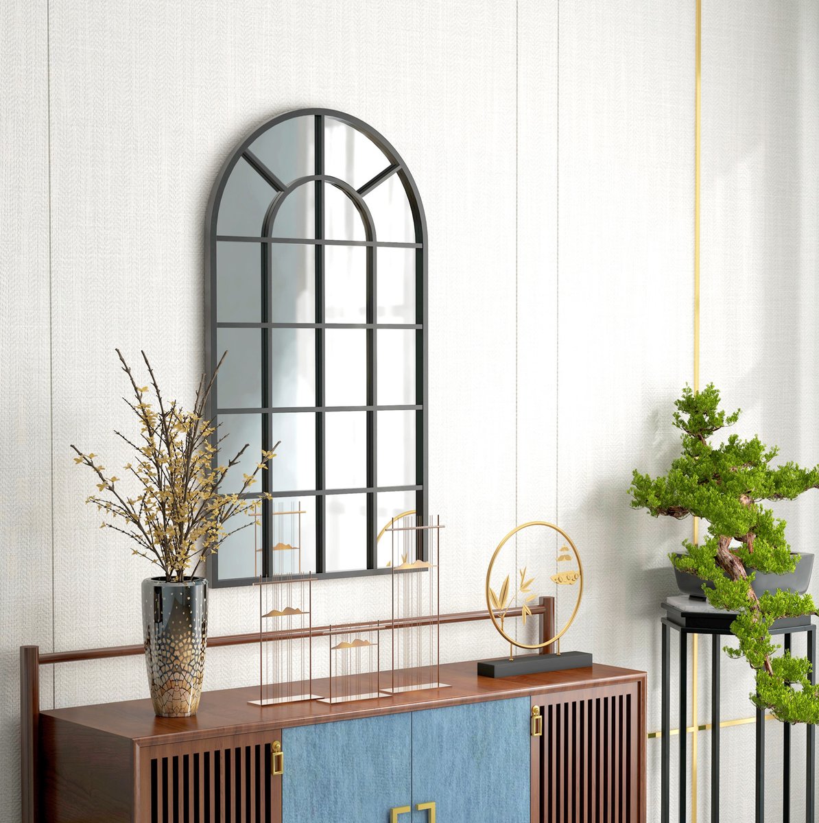 Wandspiegel Met Boogvormig Frame 110 X 62 Cm Aluminium Zwart Voor Hal, Woonkamer En Slaapkamer Met Moderne Uitstraling